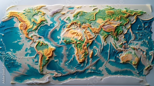 Fototapeta Naklejka Na Ścianę i Meble -  A world map featuring elevation and topography details. The map includes color gradients and contour lines to represent mountain ranges