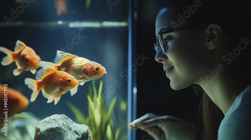 A couple feeding their pet fish together, with expressions of care and dedication as they tend to the aquarium photo