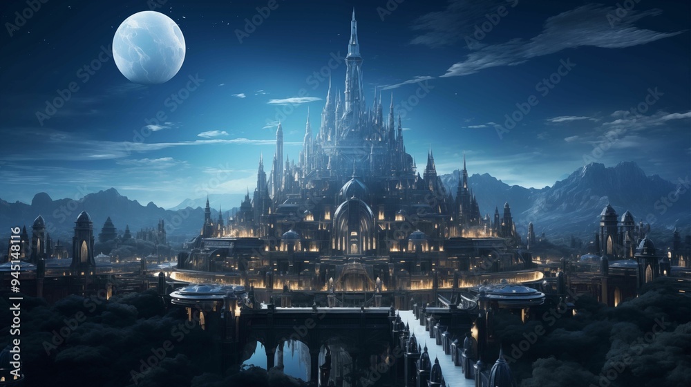 A massive fantasy city with tall spires and intricate architecture, illuminated by the soft glow of moonlight in the night sky background. Generative ai A massive fantasy city with tall spires and intricate architecture, illuminated by the soft glow of moonlight in the night sky background. Generative ai