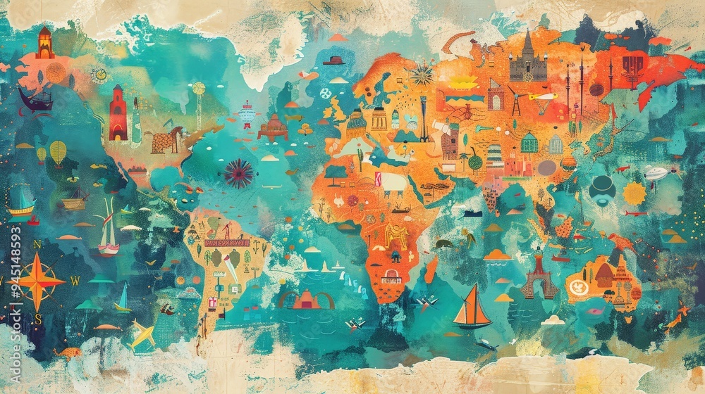 Naklejka premium A world map with a focus on cultural diversity. The map displays various cultural regions, languages