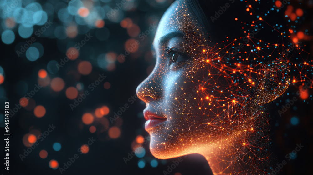 Futuristic woman face composed of orange glowing data points and lines ...