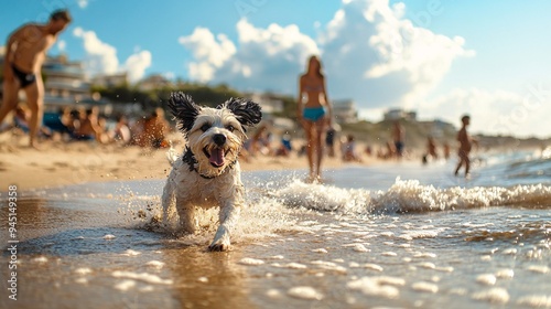 A family enjoying a day at the beach with their pet dog, with the dog playing in the sand and everyone having fun