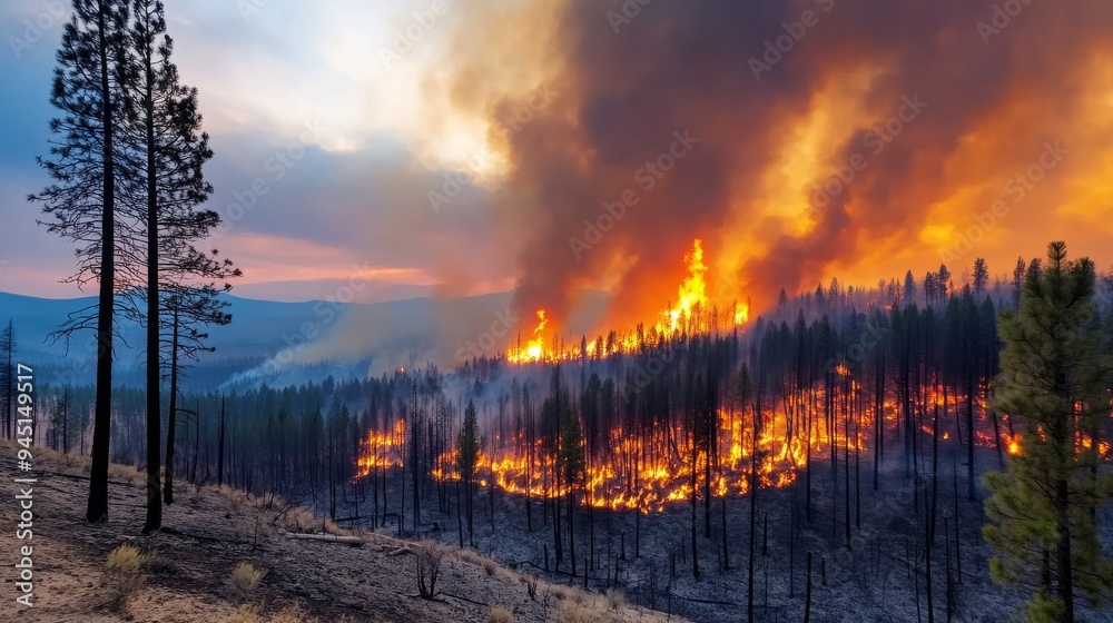A dramatic image of a wildfire raging through a dense forest A dramatic image of a wildfire raging through a dense forest