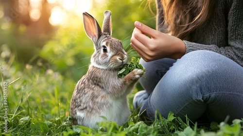 A person and their pet rabbit sitting together in a garden, with the rabbit munching on greens and the person showing a loving gaze