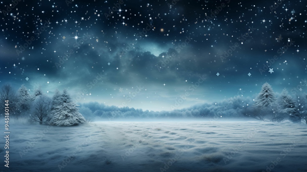 A snowy landscape under the starry night sky, with snow-covered trees and fields background. Generative ai A snowy landscape under the starry night sky, with snow-covered trees and fields background. Generative ai