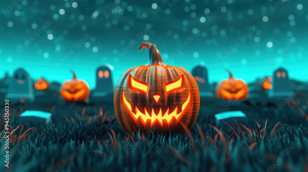 A chilling raster image of a Halloween pumpkin glowing among gravestones, evoking fear and mystique at night. A chilling raster image of a Halloween pumpkin glowing among gravestones, evoking fear and mystique at night.