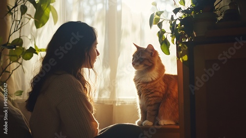 A person sitting with their pet cat in a sunlit room, with both looking content and the cat purring
