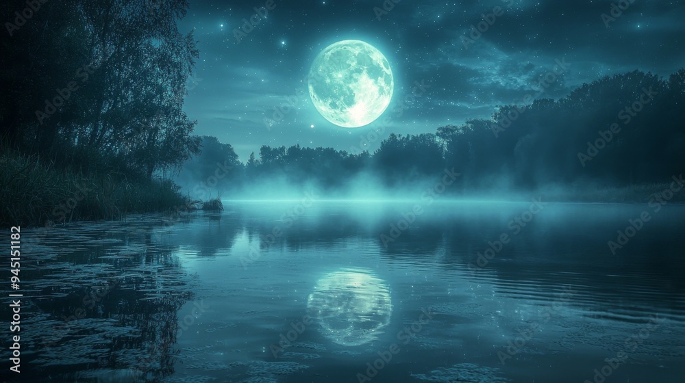 Moon reflection in a crystal clear river, night sky mirrored perfectly, tranquil and serene setting