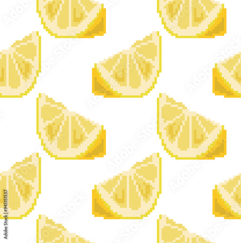 Seamless pixel pattern with lemon quarters in vector. Ideal for game and retro design, packaging, textiles and digital art projects.
