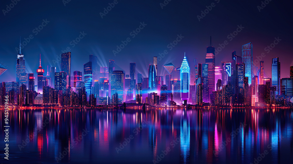 Fototapeta premium City Skyline at Night with Reflection in Water - Urban Nightscape