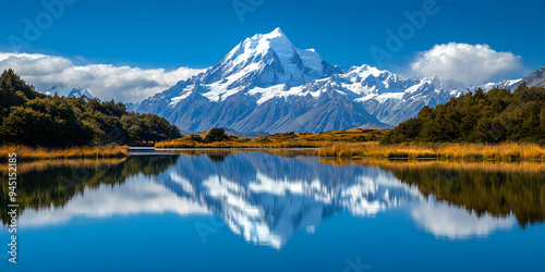 Snow-capped mountains reflecting in a serene lake