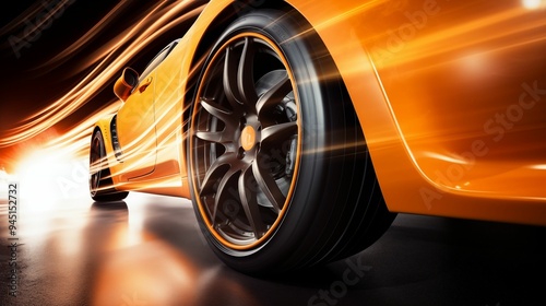 Orange sports car with glowing wheels, close-up of the back wheel on an abstract background. Generative ai