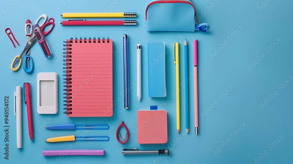 School stationary including notebooks, pens, pencils, and other tools arranged neatly on a blue background, ideal for a website banner School stationary including notebooks, pens, pencils, and other tools arranged neatly on a blue background, ideal for a website banner