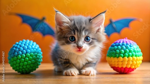 Adorable little ball of fluff enthusiastically pounces and bats at a colorful soft toy, capturing the carefree joy and innocence of childhood playtime. photo