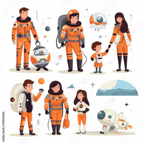 Astronaut Family Space Exploration Cartoon Illustration