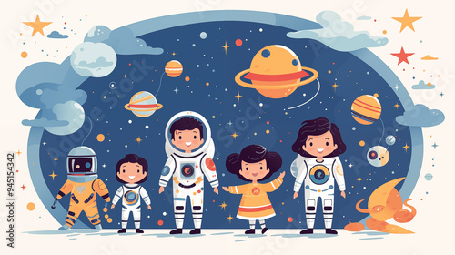 Family of Astronauts in Space with Planets and Stars