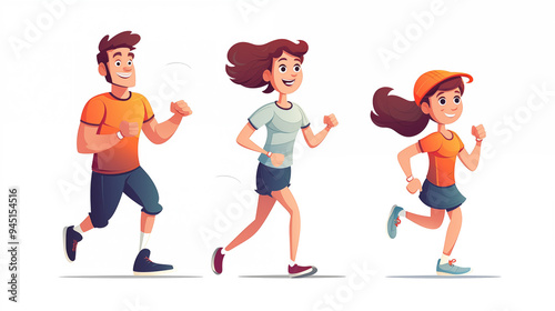 Happy Family Running Together   Cartoon Illustration