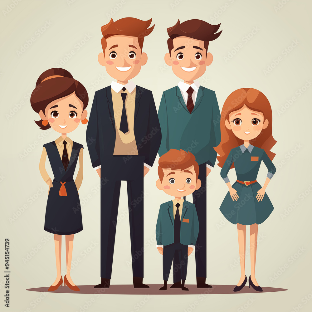 Happy Family Portrait Illustration Cartoon People in Suits Happy Family Portrait Illustration Cartoon People in Suits
