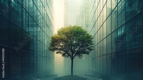 A Tree Growing Between Glass Towers