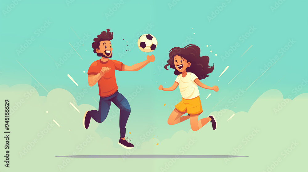Happy Couple Playing Soccer Outdoors Cartoon Illustration Happy Couple Playing Soccer Outdoors Cartoon Illustration