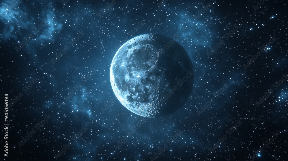 Mystical moon floating in a starry sky, ethereal light casting soft shadows over a quiet night scene Mystical moon floating in a starry sky, ethereal light casting soft shadows over a quiet night scene