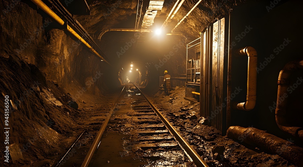 Naklejka premium A coal mine tunnel with train tracks and workers in low light, as well as an underground passage for travel.