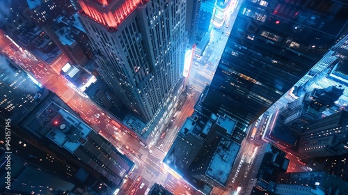 An aerial shot of a vibrant city skyline with illuminated buildings and busy streets.