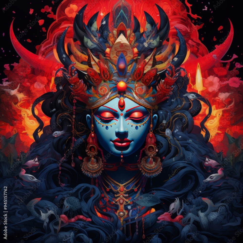 A vibrant depiction of a goddess with intricate details and a dramatic background. A vibrant depiction of a goddess with intricate details and a dramatic background.