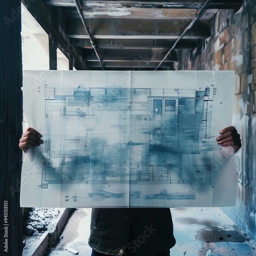 Architect Holding Blueprints in Abandoned Industrial Space photo