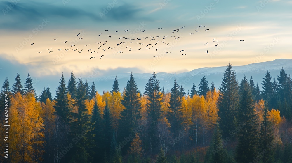 Obraz premium A serene landscape featuring autumn trees and birds in flight against a cloudy sky.
