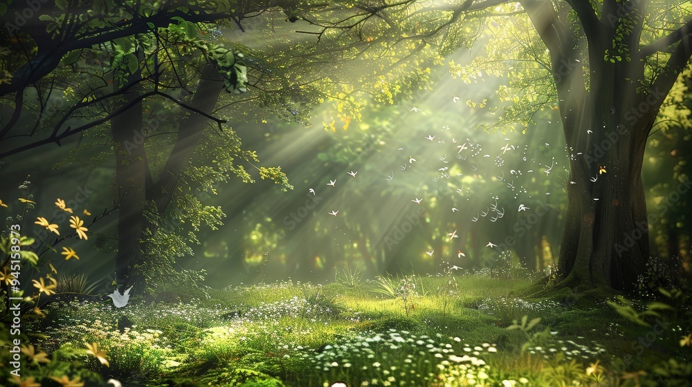 An enchanting forest glade where sunlight streams through the dense canopy, creating a magical play of light and shadow. An enchanting forest glade where sunlight streams through the dense canopy, creating a magical play of light and shadow.
