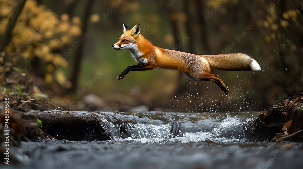 Naklejka premium Red Fox Leaping Over a Stream in the Forest