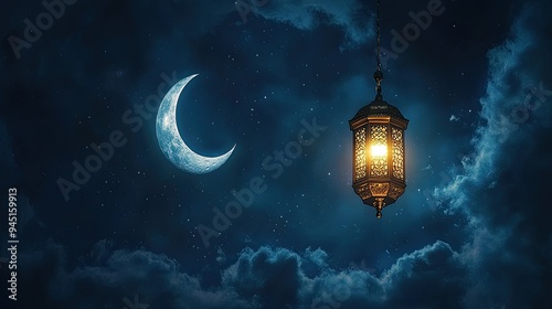 Crescent Moon and Lantern - Ramadan Night