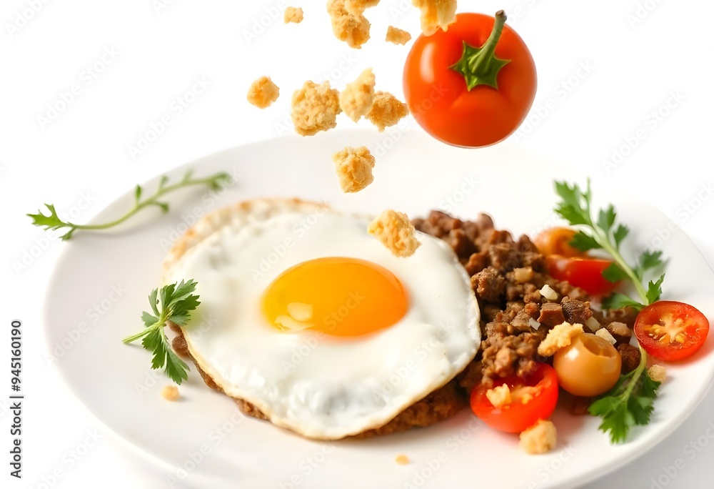 fried eggs with bacon, fried eggs with bacon and vegetables, Fried Egg with beef mince meal on white plate with falling ingredients crumbs, peppers and tomato in the air isolated on white background. fried eggs with bacon, fried eggs with bacon and vegetables, Fried Egg with beef mince meal on white plate with falling ingredients crumbs, peppers and tomato in the air isolated on white background.