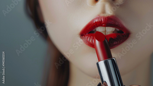 Cute woman applying lipstick. Model with a lipstick, red lip, cosmetics and makeup concept 