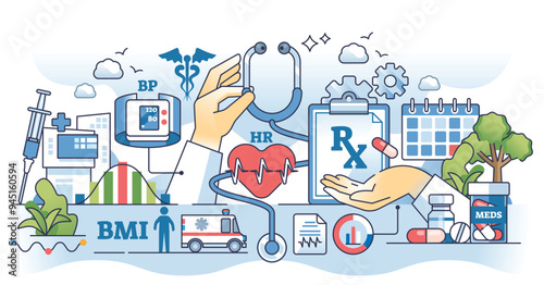 Medical abbreviations or text signs for shorter writing outline hands concept. Prescription paperwork filling, pharmacist advice for receipts or doctor diagnosis acronyms vector illustration.