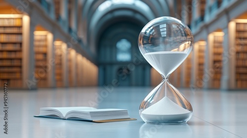 A giant hourglass with the sand made of tiny textbooks and notebooks photo