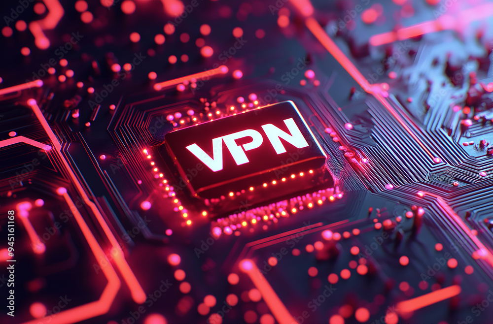 A VPN icon on a digital circuit background, symbolizing secure internet connections A VPN icon on a digital circuit background, symbolizing secure internet connections
