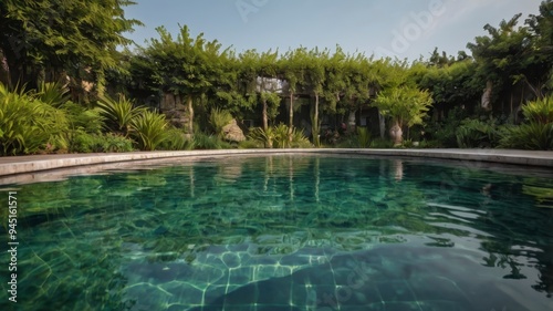  Green plants behind round pool, isolated 