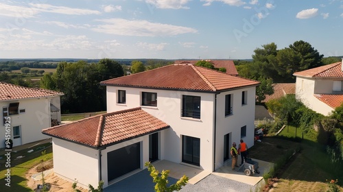 Modern Residential Construction with Builders at Work in Suburban Area photo