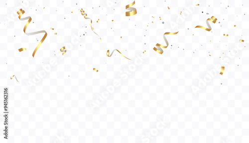 Golden confetti on transparent background. Falling shiny golden confetti. Bright golden festive tinsel. Festive design elements for web banner, poster, flyer, invitation.