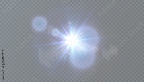 Light effect of blue glowing light. Solar flare. Glow effect. Starbursts with twinkling highlights. Beautiful light effect of flickering highlights. Vector 10 EPS	
