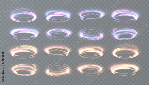 Light and Bright Twirl. Curved light bright effect of blue-violet lines. Glowing portal-podium. Set of round teleportation portals with glowing on transparent background.