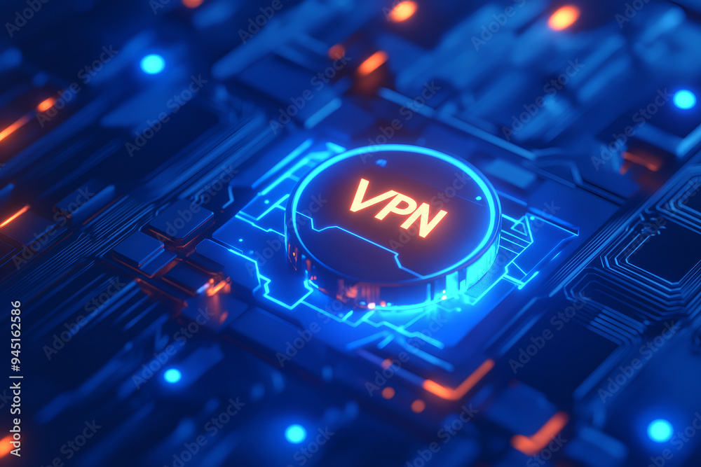 A VPN icon on a digital circuit background, symbolizing secure internet connections A VPN icon on a digital circuit background, symbolizing secure internet connections
