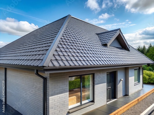 a photo image of a modern grey single-story house with a slanted roof featuring ventilated tiles and a row of narrow slats for ventilation on the ridgeline