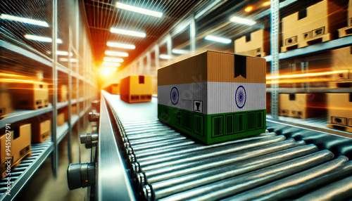 A package with the India flag design moves along a conveyor belt in a brightly lit warehouse, symbolizing logistics, shipping, and e-commerce operations