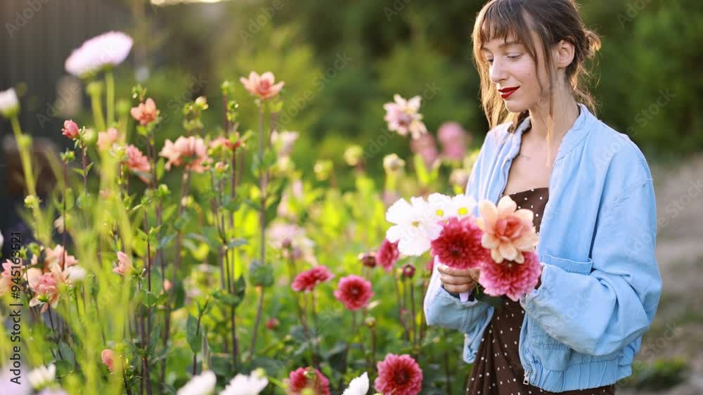 A woman enjoys a serene moment while gathering flowers in a beautiful mountain garden. The lush surroundings and vibrant blooms create a peaceful and picturesque scene A woman enjoys a serene moment while gathering flowers in a beautiful mountain garden. The lush surroundings and vibrant blooms create a peaceful and picturesque scene
