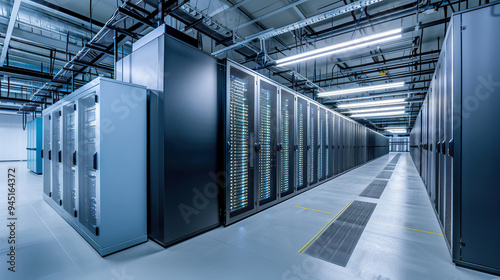 Modern Data Center Server Room - High-Tech Infrastructure and Cooling System
