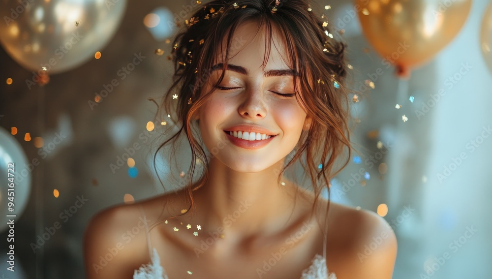 A beautiful young woman with her eyes closed and a big smile. A beautiful young woman with her eyes closed and a big smile.
