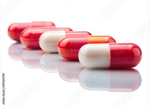 a photo image of a nonsteroidal anti-inflammatory medication or NSAID in a row of pills on a white background photo